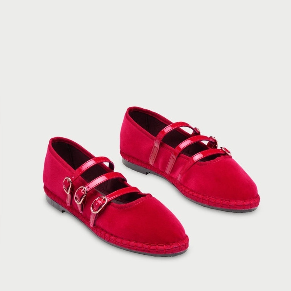 Flabellus Mina Triple Strap Mary Jane Flats – Red Velvet – EU 39– NWT